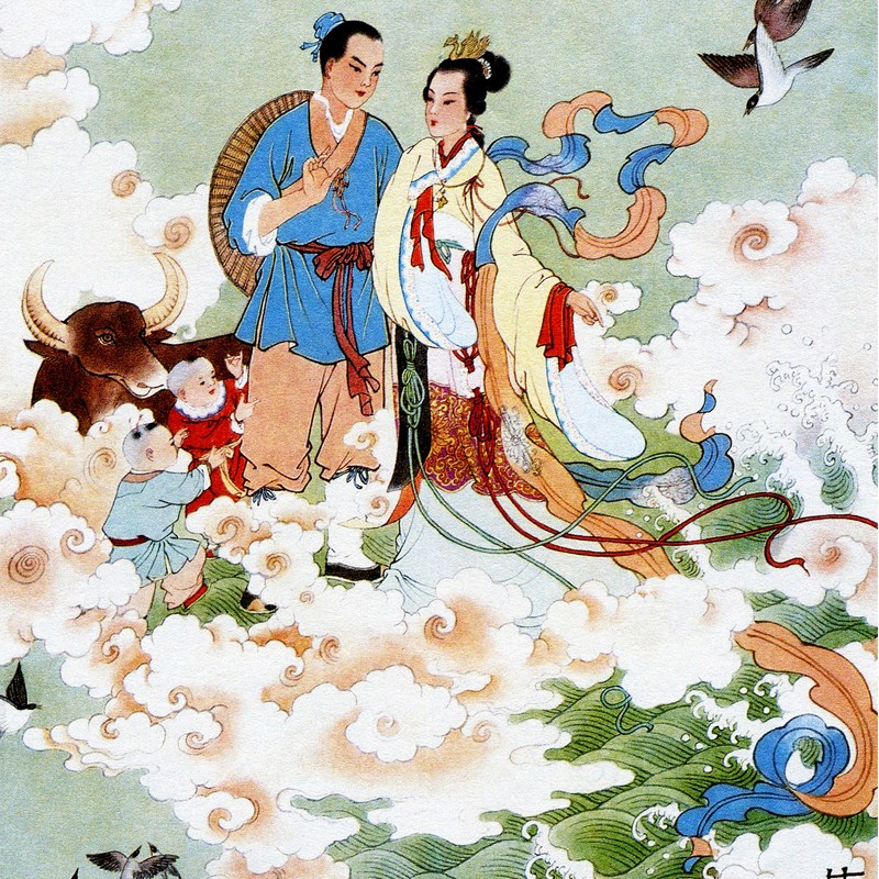 国画牛郎织女画像卷轴画客厅书房装饰画中式人物画无框绢布挂画