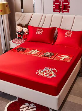 大红色结庆床笠三件套床送礼备YY婚床床罩单件全包垫套四单季婚通