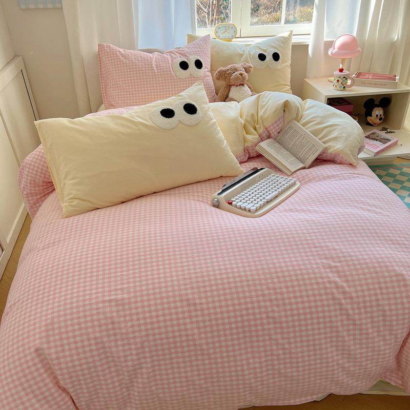 红奶油风床网上件套纯YZQ棉全棉四被套三床单水洗棉学生宿舍件套