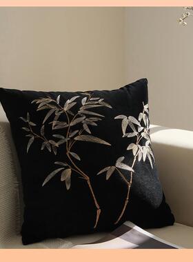 F77T98H6?轻奢复黑绿色系组合古抱枕中式刺绣新竹纹宿抱枕民中古