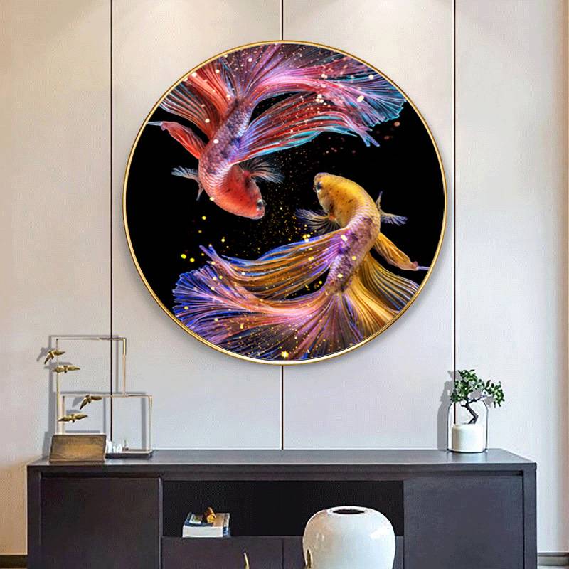 年年有余九鱼图入户玄关装饰画轻奢圆形餐厅挂画客厅壁画现代锦鲤图片