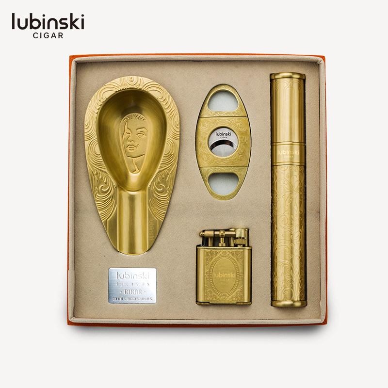鲁宾斯基雪茄烟具礼盒套装复古铜质雪茄剪打火机烟灰缸便携收纳管