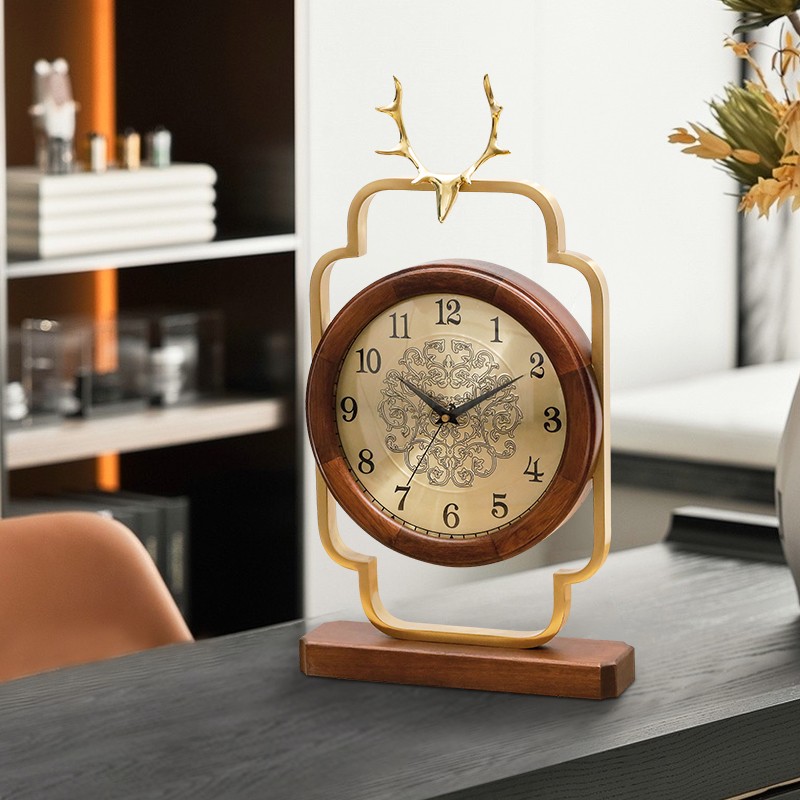 新中式黄铜实木双面座钟客厅玄关家用两面可看时台钟美式静音座钟