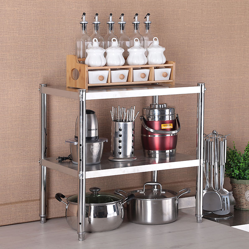 不锈钢厨房置物架双层桌面微波炉 锅架储物台面2层烤箱收纳架二层