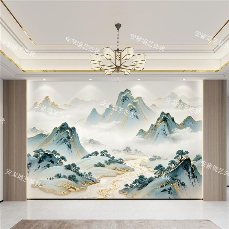浮雕超立体墙板定制新中式山水风景风水墙纸壁画客厅电视背景壁纸