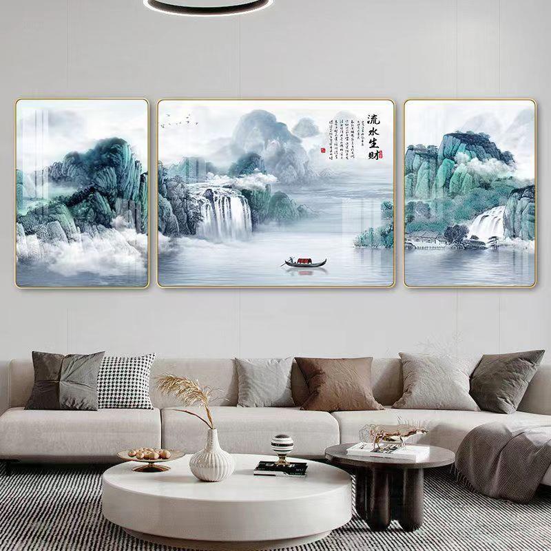 轻奢客厅装饰画简约现代三联圆角沙发背景三联画新款晶瓷镶钻挂画