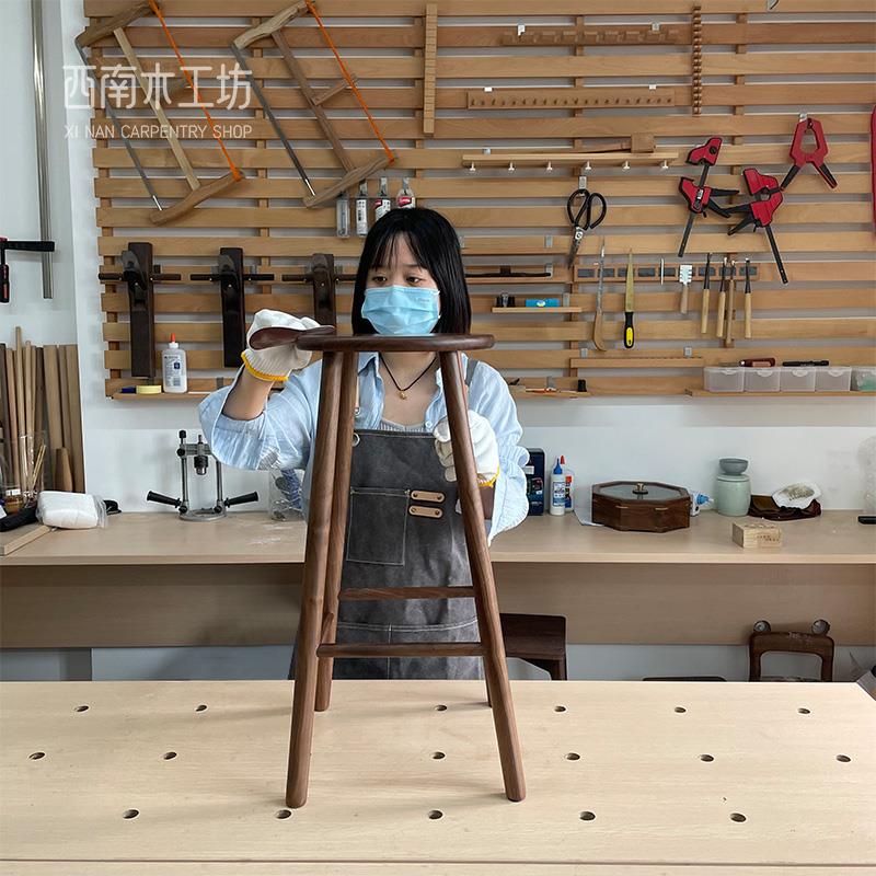 北美黑胡桃木圆凳实木高脚凳简约现代酒吧椅家用日式吧台凳侘寂风