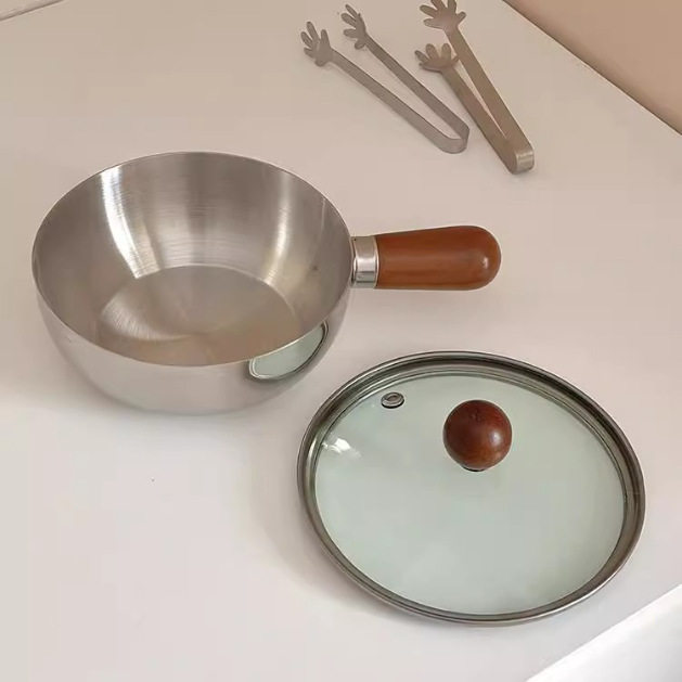 304不锈钢碗小奶锅泡面碗带盖胡桃木一人食锅早餐碗沙拉碗小胖锅