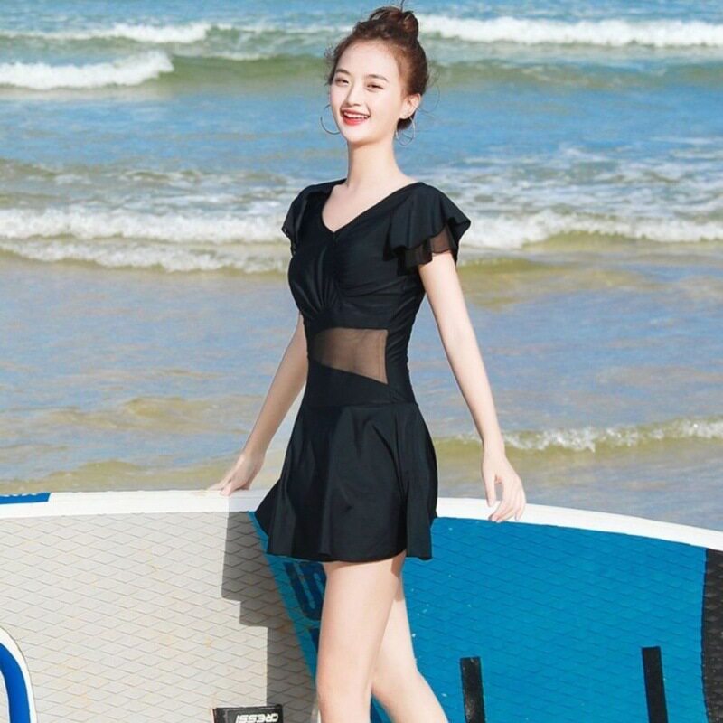 泳衣女连衣裙纯色芭比泳衣修身显瘦泡温泉性感露背专业游泳衣