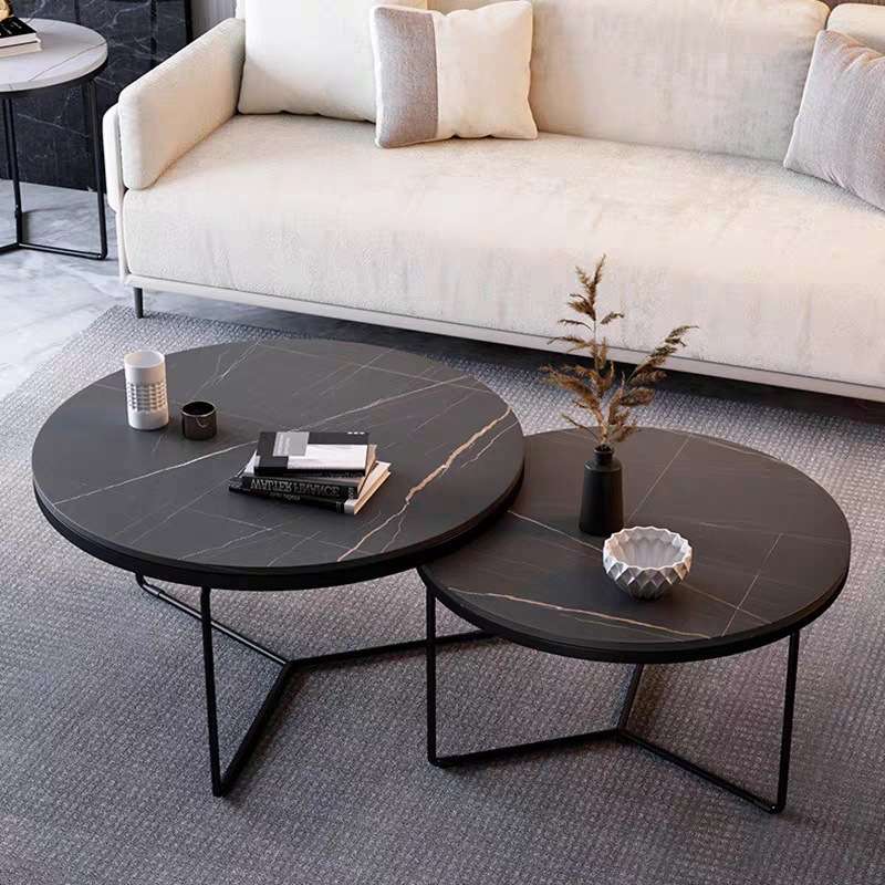 北欧岩板茶几现代简约家用客厅劳伦黑白金茶几组合轻奢圆形小茶几