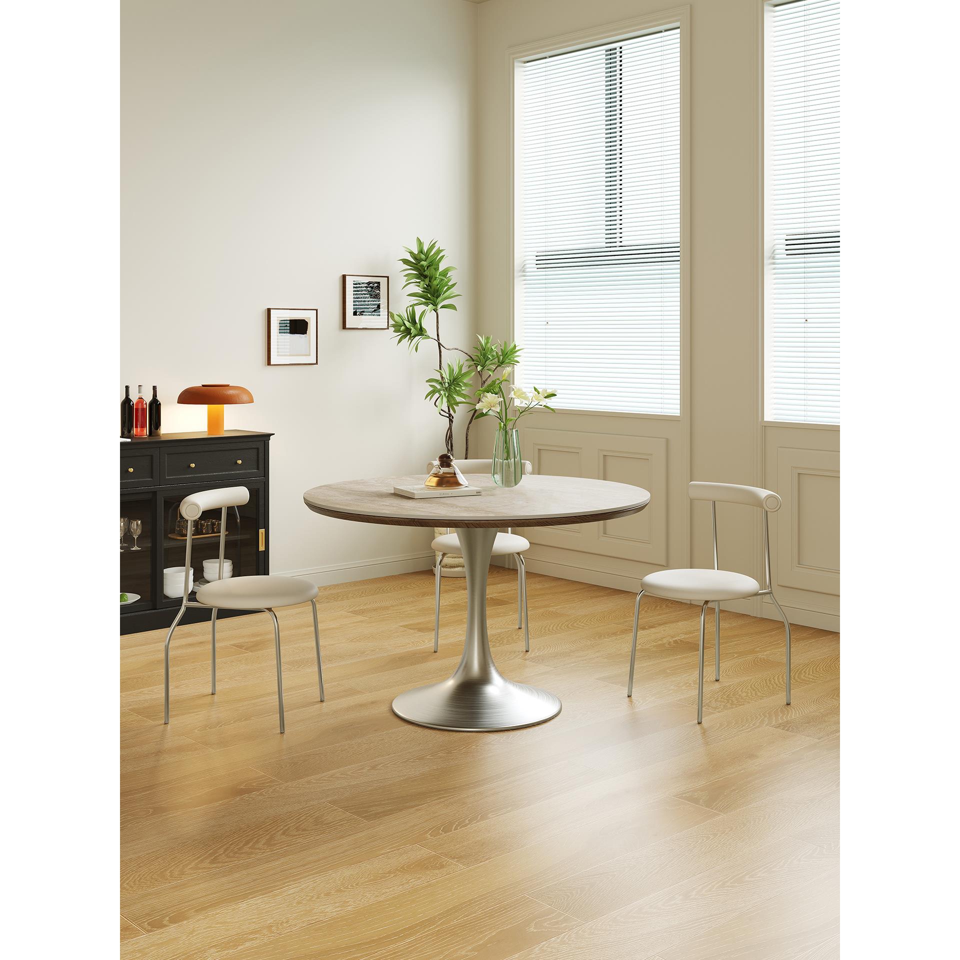 包豪斯德利丰岩板圆桌洞石餐桌不锈钢圆形1m小圆桌郁金香中古饭桌