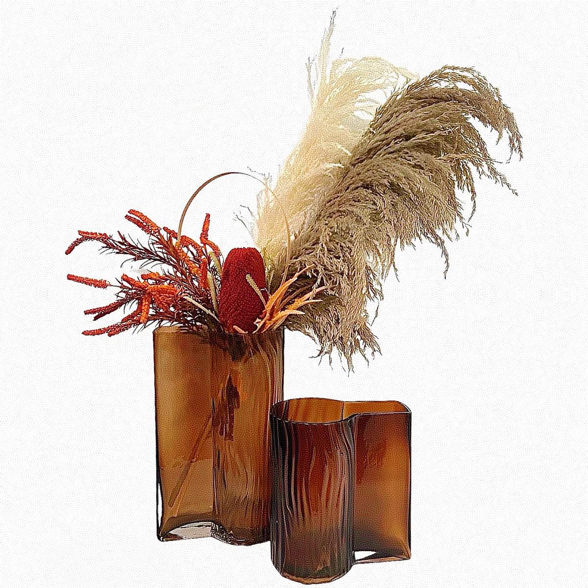 现代简约琥珀色玻璃花瓶花器摆件客厅桌面花艺插花样板间软装饰品