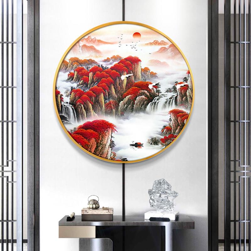 鸿运当头新中式圆形装饰画客厅背景墙挂画走廊过道玄关壁画茶室画