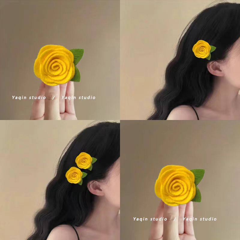 法式甜美黄色花朵耳边夹仙美刘海发夹侧边夹气质无纺布卷玫瑰