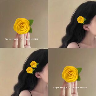 法式甜美黄色花朵耳边夹仙美刘海发夹侧边夹气质无纺布卷玫瑰