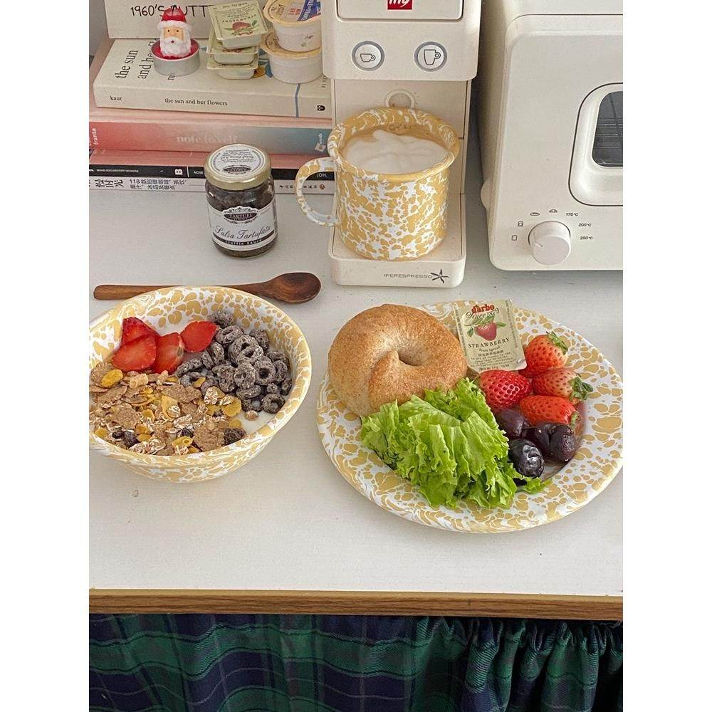 阿宝ins覆古泼墨搪瓷餐具搪瓷餐盘沙拉麦片碗咖啡杯沙拉碗,餐饮具,碗,淘宝优惠券,粉丝福利购,淘宝优惠卷