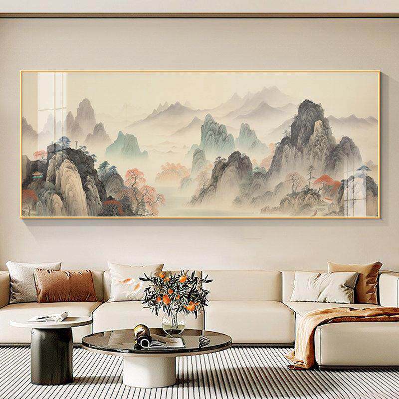 水墨山水画办公室西墙客厅挂画新中式沙发背景墙壁画靠山图一整幅