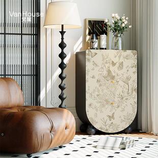 法式斗柜客厅实木蝴蝶印花储物柜卧室墙边一体置物柜沙发旁收纳柜