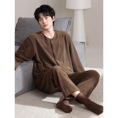 珊瑚绒男士睡衣秋冬季加厚加绒保暖半边绒男款开衫冬款家居服套装