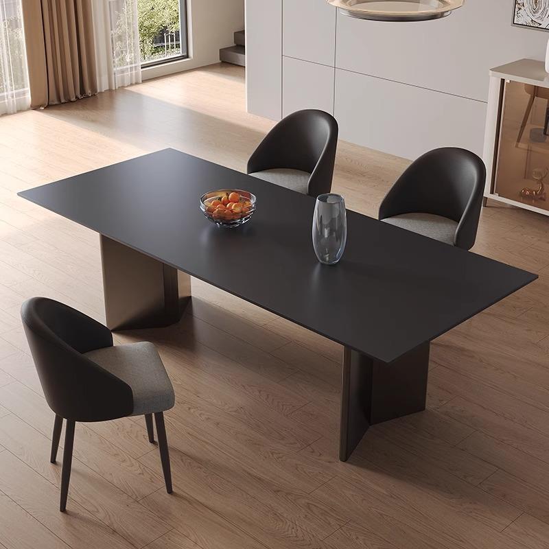意式轻奢纯黑岩板不锈钢餐桌现代简约家用长方形设计师餐桌椅组合