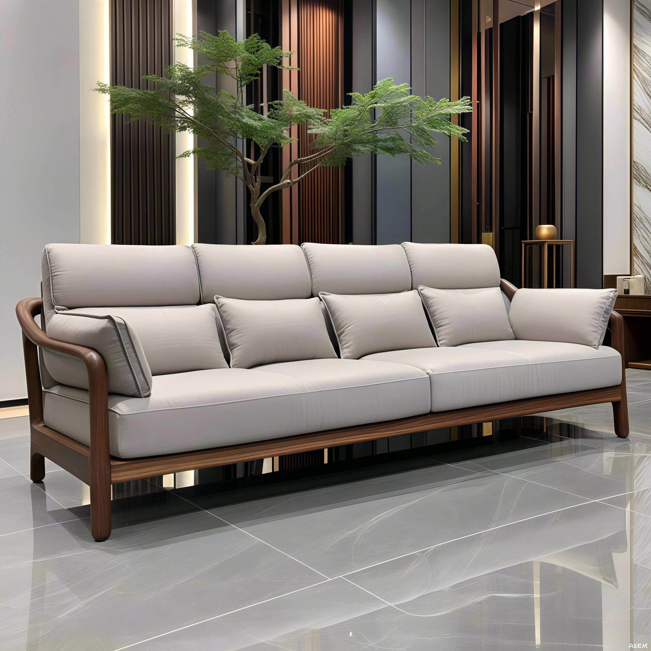 新中式胡桃木实木沙发轻奢简约客厅别墅三人位现代直排办公室沙发