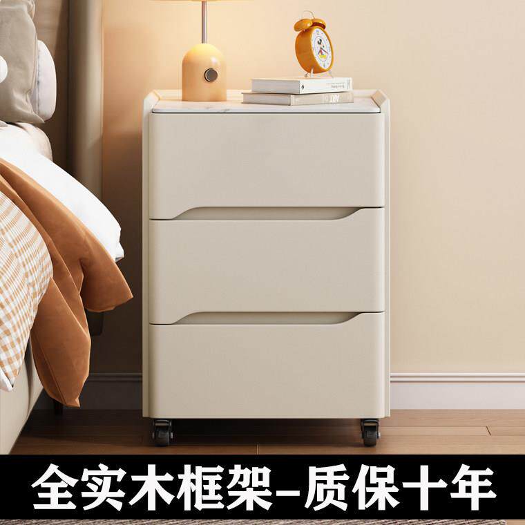 滑轮床头柜实木简约现代岩板床边柜可移动带滚轮卧室边柜三层三抽