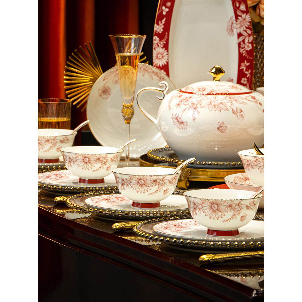 餐具集家用2025新中华骨瓷器江西景德镇陶瓷碗精美典雅的碗盘餐具