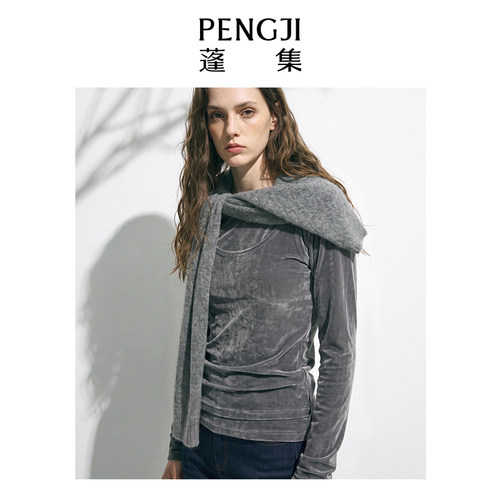 PENGJI蓬集 修身合体舒适弹力显瘦长袖假两件丝绒上衣
