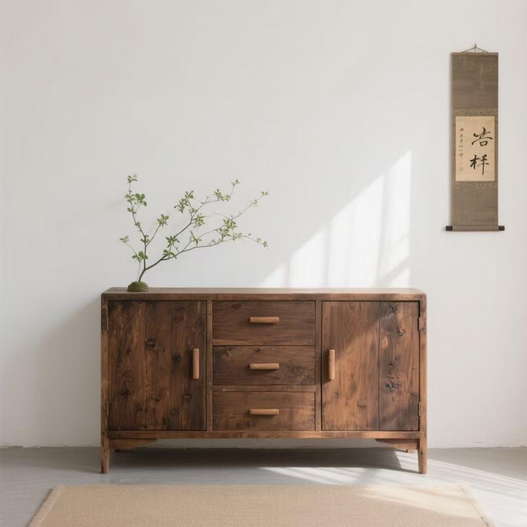 侘寂风实木民宿餐边柜榆木边柜门板覆古储物柜客厅收纳柜子可定制