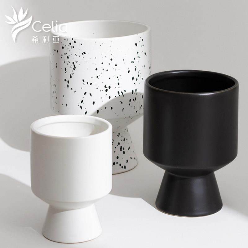 现代几何简约高脚陶瓷花盆器创意ins北欧黑白蝴蝶兰套盆 无孔