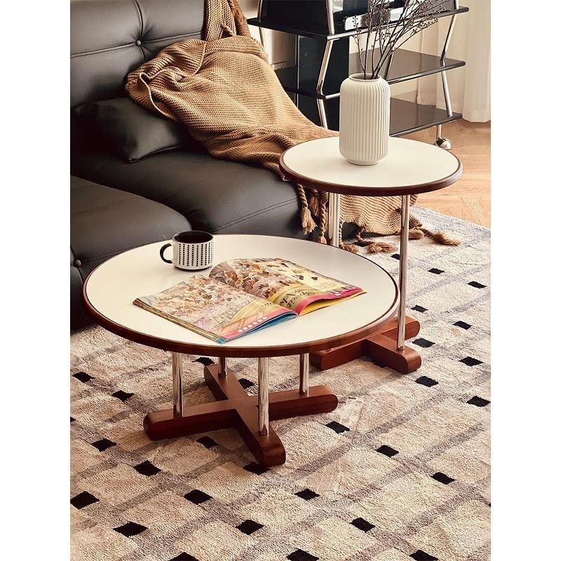 新中式实木岩板子母茶几大小组合中古高低边桌设计感小圆桌子客厅