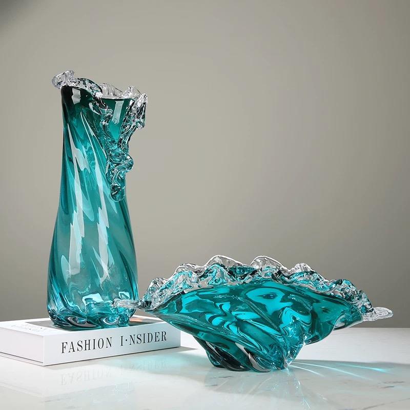 现代轻豪华家居装饰蓝色玻璃花瓶波浪蕾丝水果盘家庭客厅桌面装饰