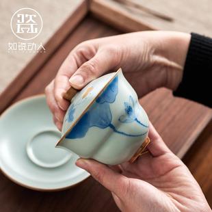 如瓷动人汝窑三才盖碗茶杯单个大号防烫高档手绘茶具陶瓷敬泡茶碗