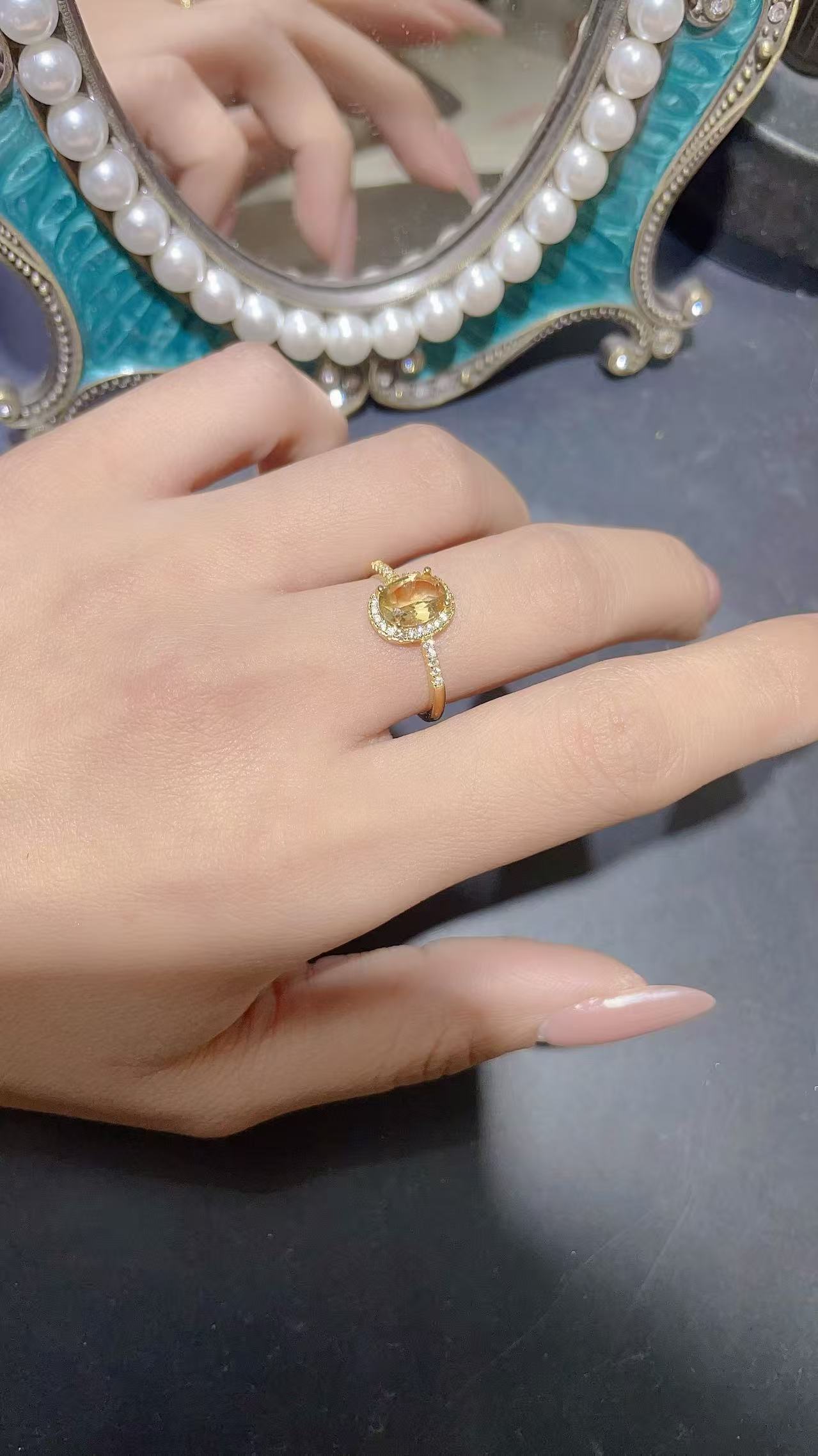 天然黄蓝宝戒指925银精工镶嵌