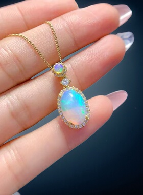 【地大珠宝】天然欧泊项链女满火彩椭圆形吊坠时尚简约高级感8*12