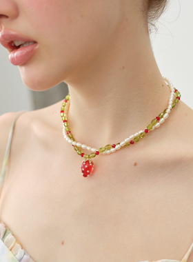西迟双层叠戴草莓珍珠水晶项链