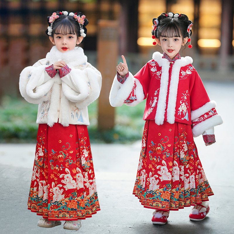 拜年服女童冬装儿童汉服加绒加厚女宝宝中国风唐装喜庆马面裙套装