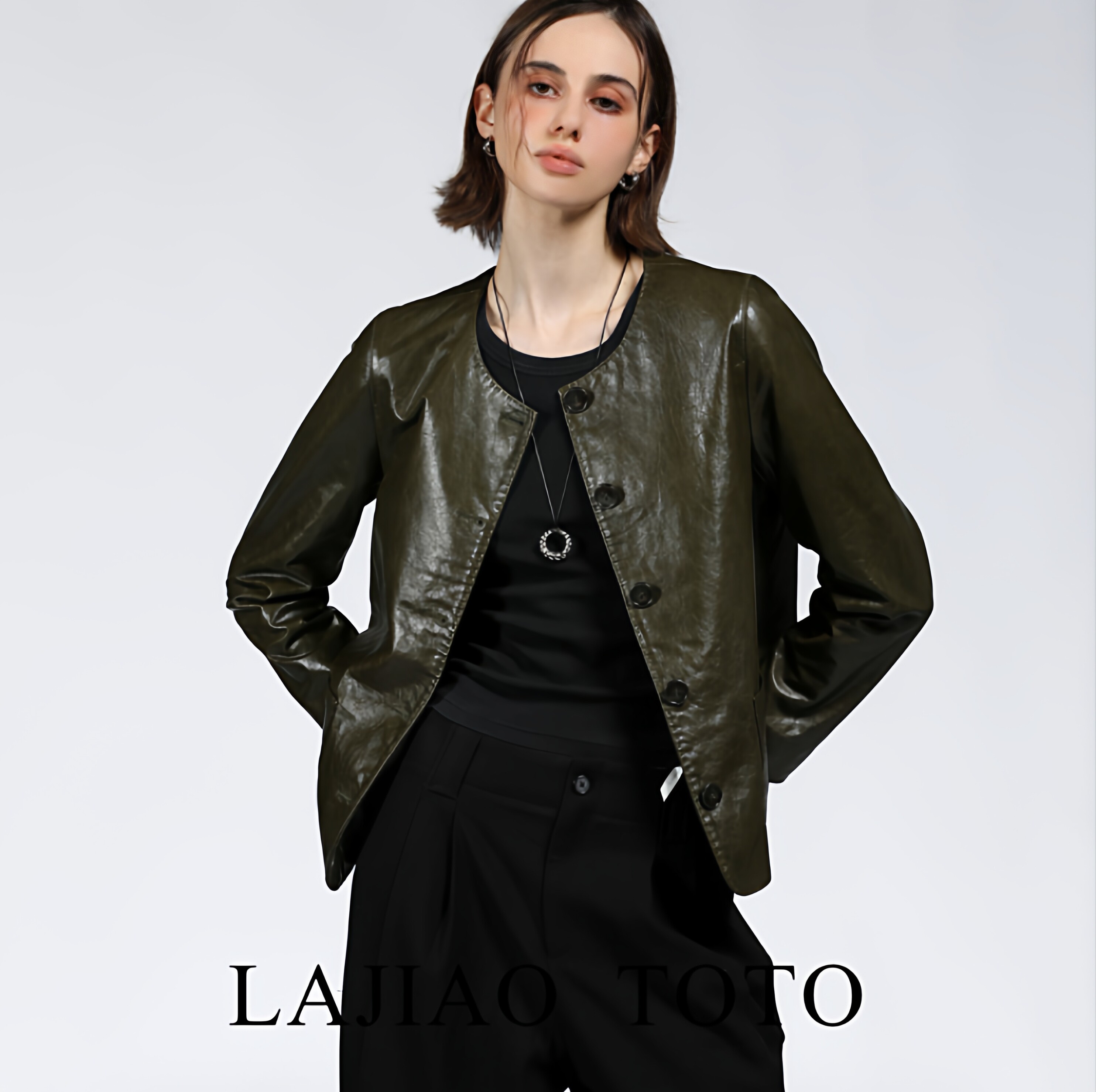 LAJIAO TOTO 轻奢翡翠绿油蜡绵羊皮2025新款女士皮衣外套#5625