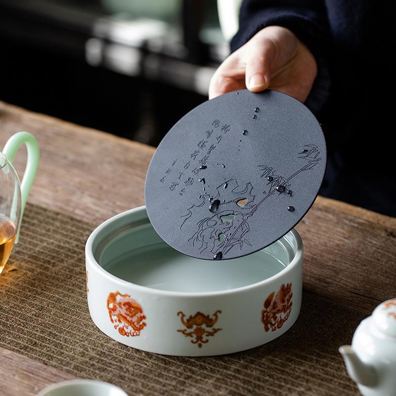 仿古青花釉里红高端储水壶承干泡台养壶垫茶承壶托盖碗底茶具配件