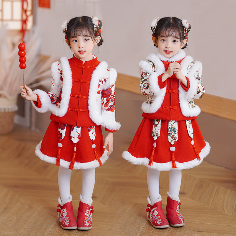 汉服女童冬装新年衣服儿童中国风加绒唐装过年宝宝拜年服周岁礼服