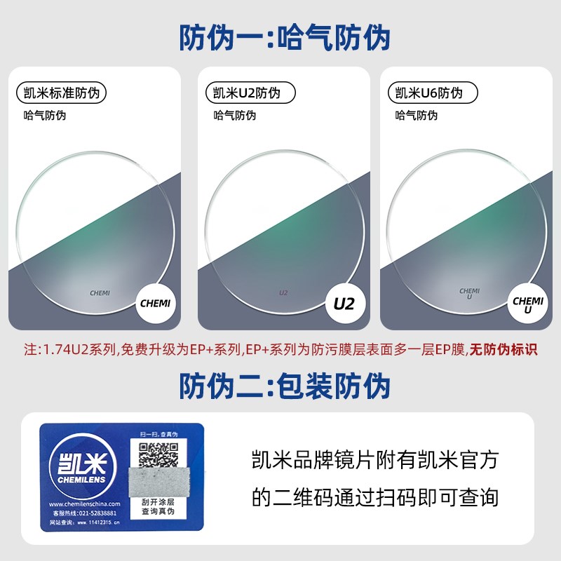凯米镜片U6防蓝光174超薄度数配近视眼镜片定制双非167凯米U2