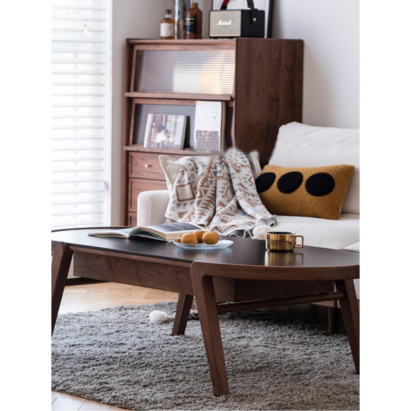 实木黑胡桃木茶几北欧黑色岩板小茶桌家用客厅日式简约茶台带抽屉