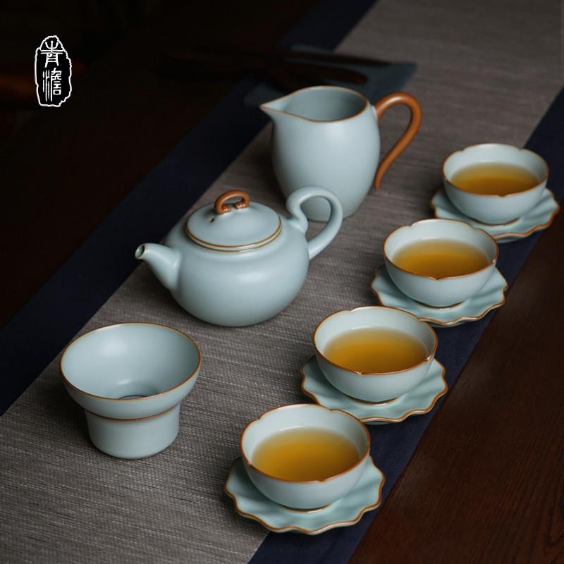 汝瓷功夫茶具套组整套冰裂釉景德镇汝窑手工陶瓷礼盒装高温还原烧