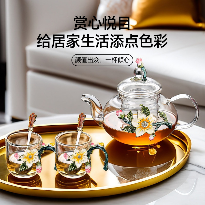轻奢功夫茶具珐琅彩家用欧式式杏花玻璃杯子创意花茶壶高档喝水杯,餐饮具,功夫茶具,淘宝优惠券,粉丝福利购,淘宝优惠卷