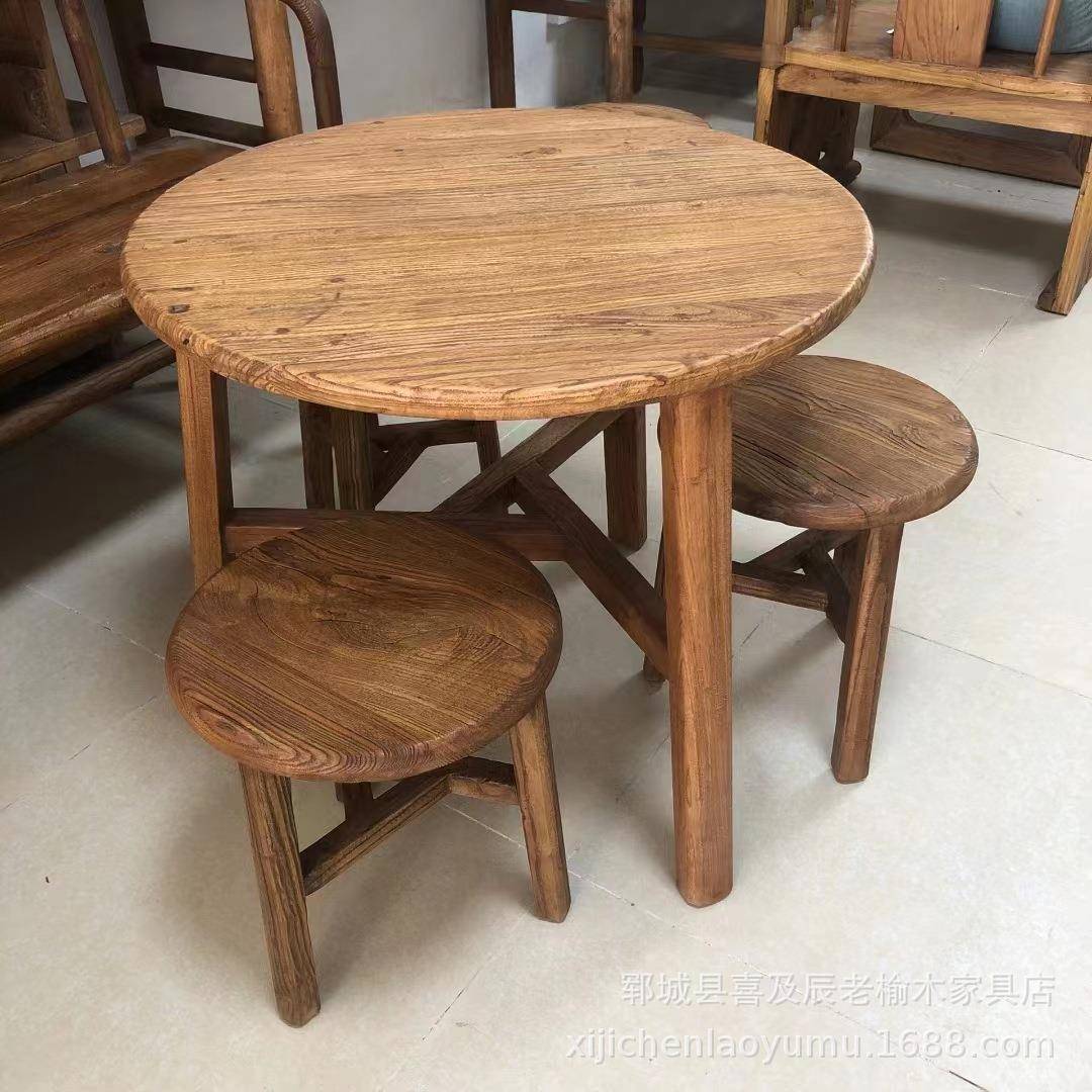 老榆木做旧桌椅地摊劈柴鸡简易烧烤桌餐桌办公泡茶桌小圆桌民宿风