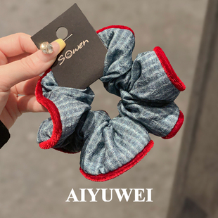 韩系蓝灰植绒布艺红边发圈高品质不伤发肠圈头绳秋冬新款气质发绳