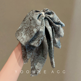 复古青绿色花纹发夹轻纱蝴蝶结马尾夹头饰2025新款版半扎发抓夹女