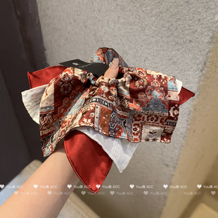 复古高级感图纹发圈堆叠方巾缎面发饰头绳秋冬新款气质扎马尾发绳
