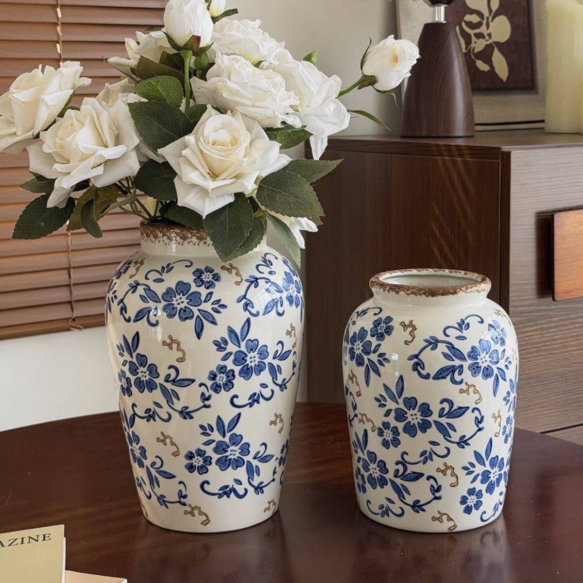 中式古典花瓶青花陶瓷装饰品客厅家居插花复古摆件高级感轻奢花瓶