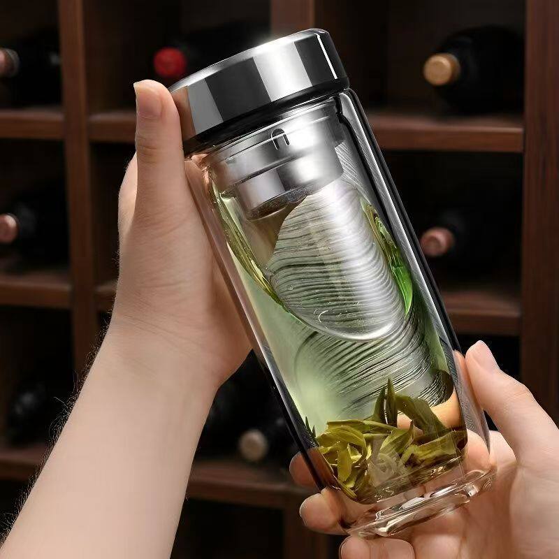 玉金晶鹅蛋杯双层玻璃杯男女士高档车载水杯便携杯子滤网茶杯带盖